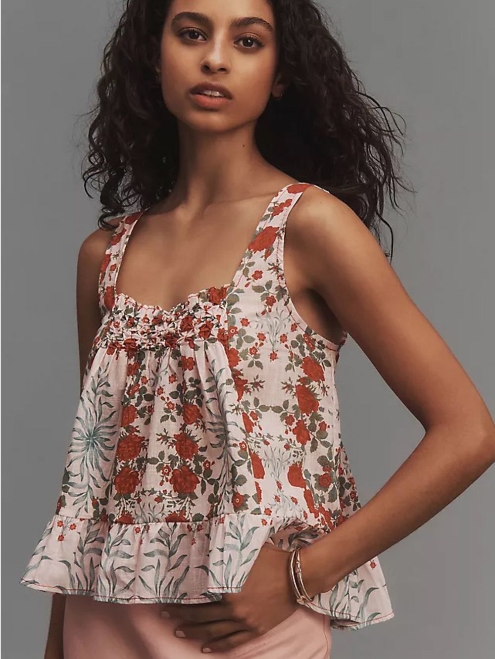 Maeve Pink Floral Smocked Ruffle Tank